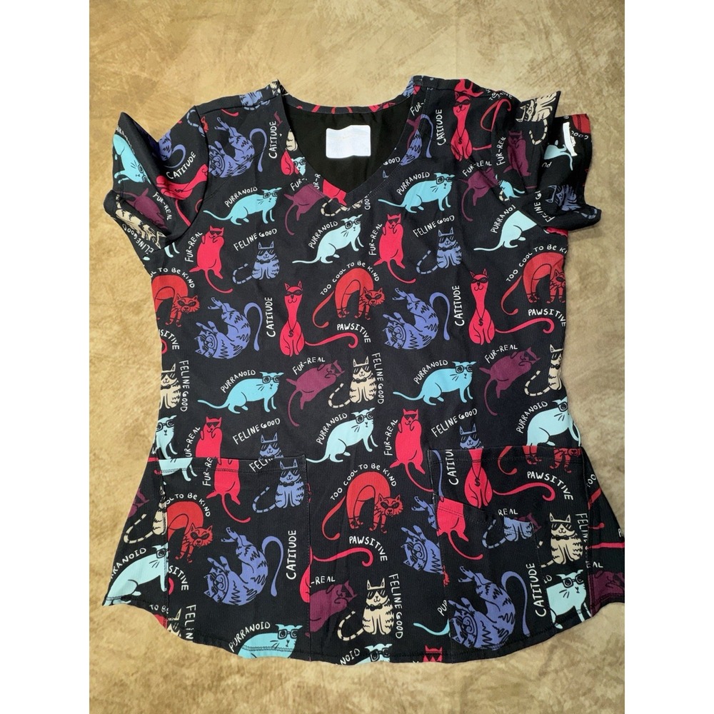 Skechers Scrub Top Womens L Black Cat Print V-Neck Short Sleeve Pockets NWOT